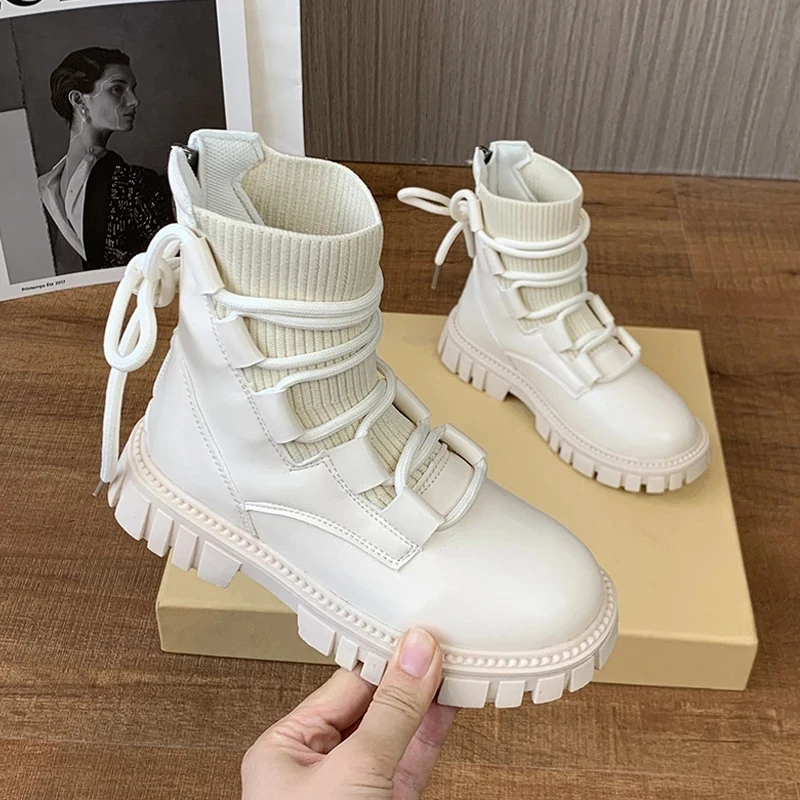 

New Cross tied Children Fashion Boots Solid PU Knitting Chunky Mid Calf Shoes For Kids Soft Non Slip Soft Zipper Girls Boots