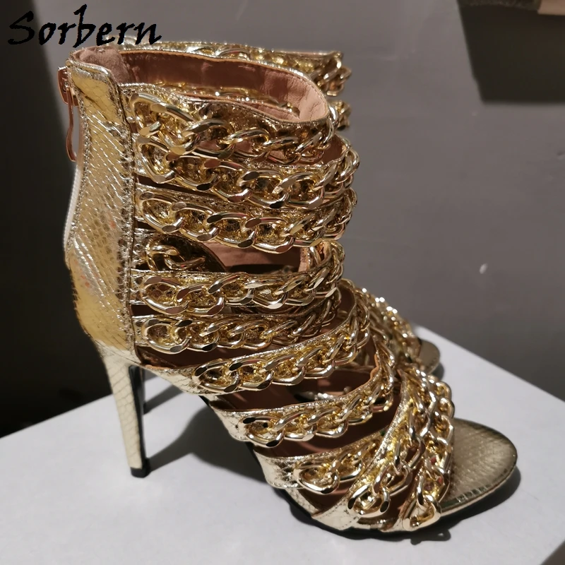 Sorbern Gold Sandals With Chians Back Zipper Summer Shoes Custom Colors Big Size 2020 Ladies Sandal High Heel Stilettos Open Toe