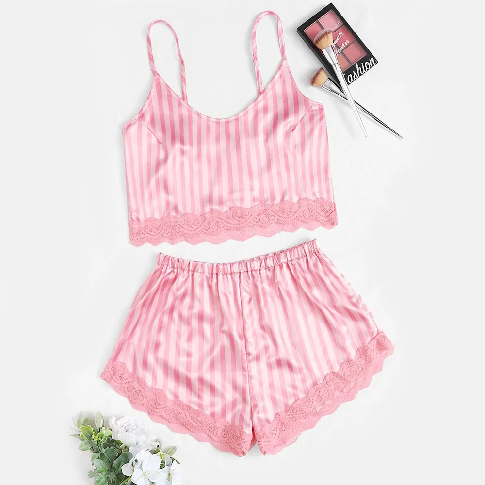 

S-XL Size Women's Cute Pink Sleepwear Sexy Pajama Set V-Neck Pyjamas Sleeveless Hollow Out Cami Top 2020 Short pijama mujer