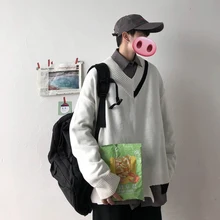 Зимний свитер мужской теплый модный контрастный цвет Повседневный свитер с v-образным вырезом Пуловер мужской свободный свитер с длинными рукавами мужская одежда