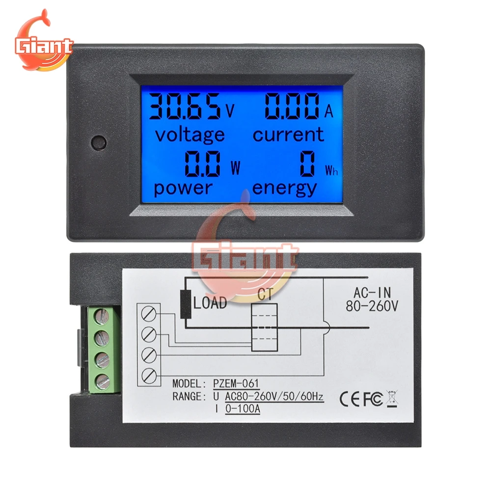 LCD 전원 공급 패널 디지털 전압계 전류계 전력계, kWh 와트 에너지 멀티미터, 20A, 50A, 100A, 80-260V, 6.5-100V, 50A 션트