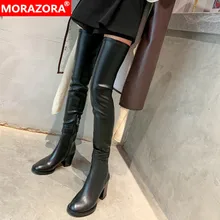 MORAZORA/Новинка года; Лидер продаж; модные сапоги выше колена; женские сапоги черного цвета из натуральной кожи; обувь на высоком толстом каблуке с круглым носком