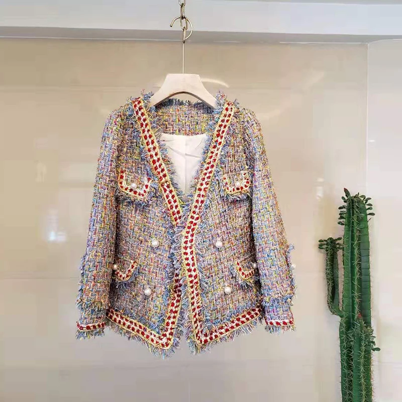 

High Quality Women Colorful Blue Tweed Jacket Coat Autumn Winter V-neck Long Sleeve Pearls Button Tassels Weave Overcoat Jackets