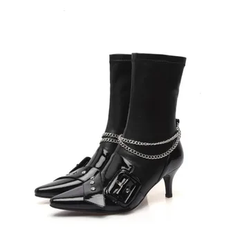 

US4-11 Womens Pointy Toe Belt Buckle Ankle Boots Genuine Leather Metal Chain Stilettos High Heel Shoes Black White Plus Size