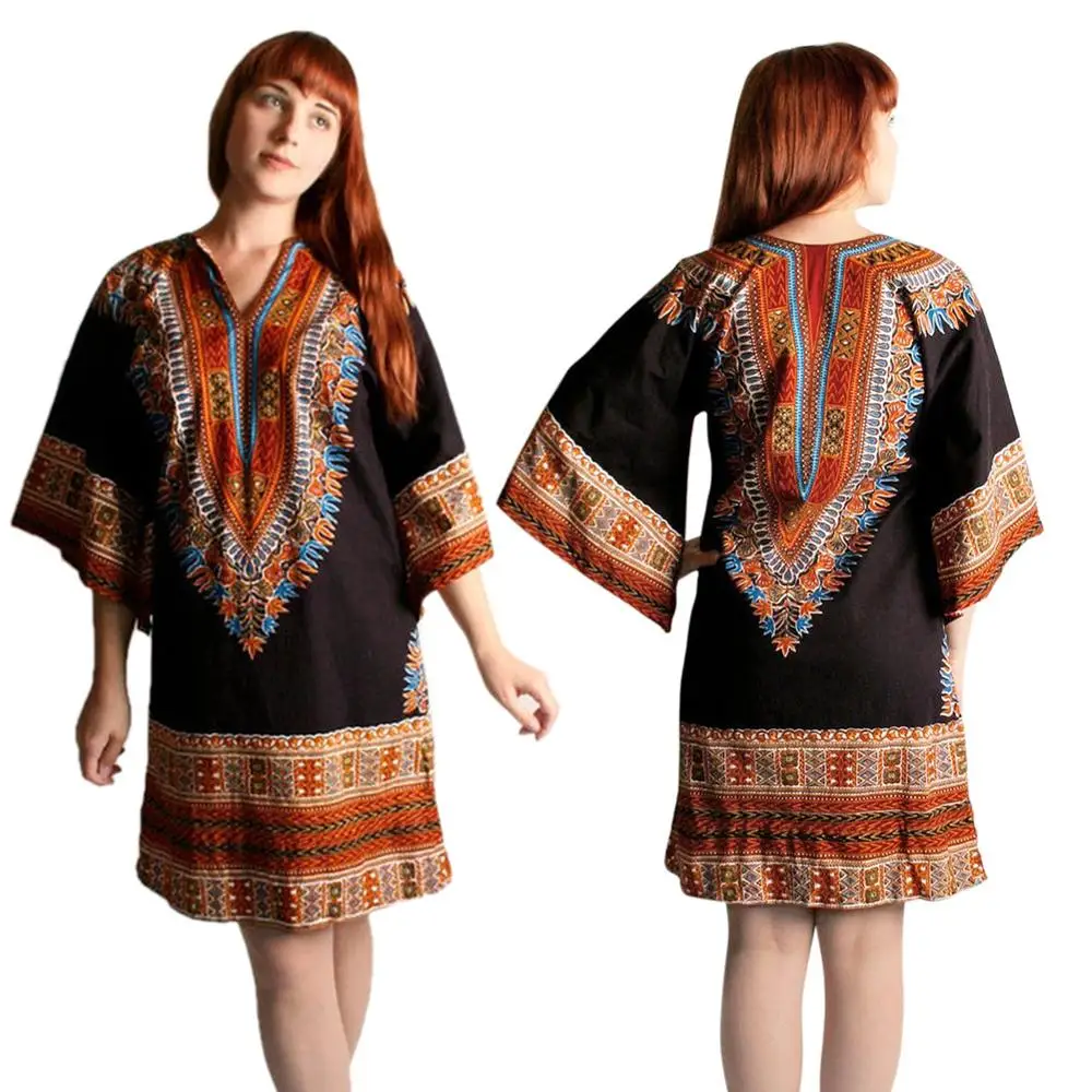 Инди народный стиль женское свободное платье до колена Винтажное с принтом три четверти рукав Повседневное платье 4 цвета халаты SMR9382G