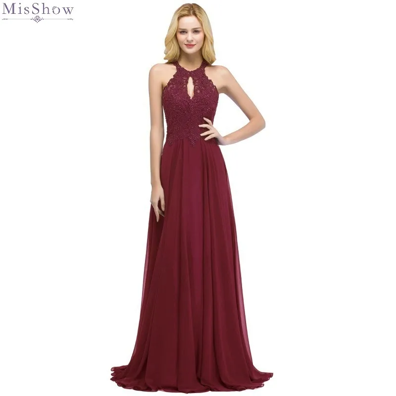 

Burgundy Chiffon Long Evening Dress 2019 A line Formal Evening Gown Beaded Sleeveless robe de soiree