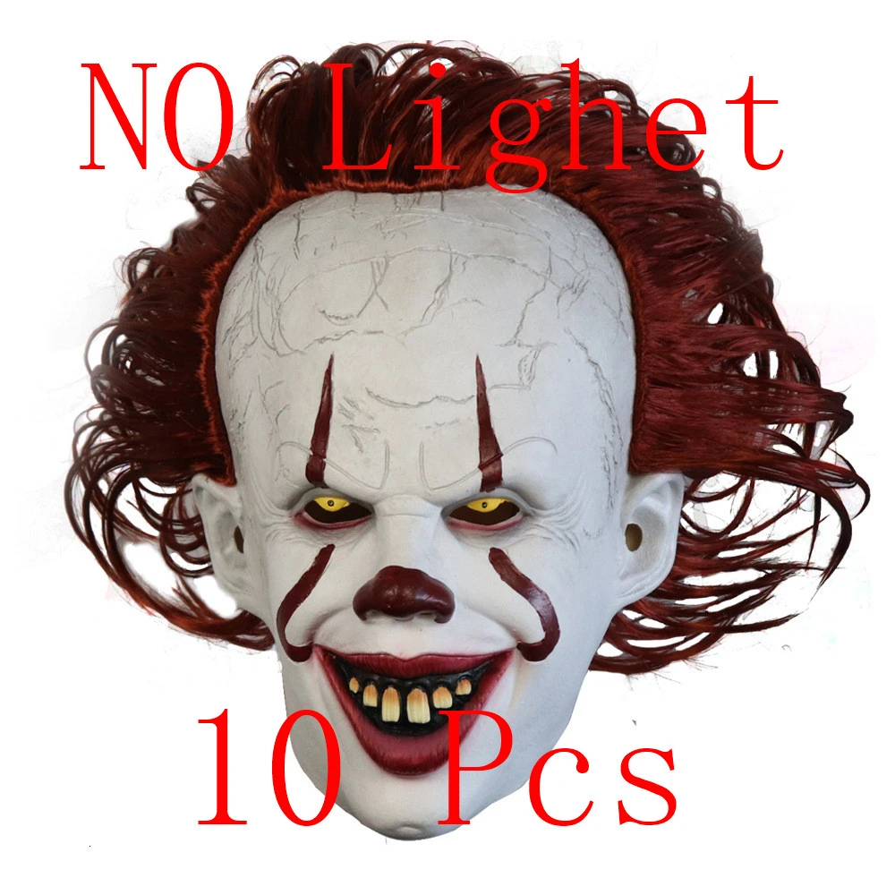 10pcs No light Mask Джокер Джокера 10 шт. маска Стивен Кинг это глава два 2, способный преодолевать Броды для взрослых детей ужас, Костюмированная вечеринка латексные маски вечеринка Хэллоуин костюм - Цвет: 10pcs No light Mask