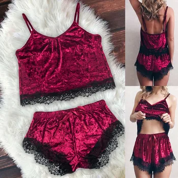 

New Pajamas Women Sexy Lingerie Camisole Shorts V-Neck Velvet Sleepwear Sexy Lace Velvet Pajama Set Burgundy пижама женская 30*
