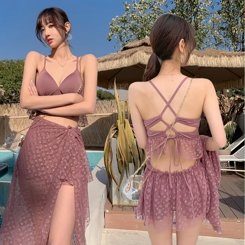 2021 estilo coreano encaje traje de baño Set de mujer traje de baño Cover Up + túnicas + Pantalones cortos 3 uds playa traje de baño trajes S-XL 8856