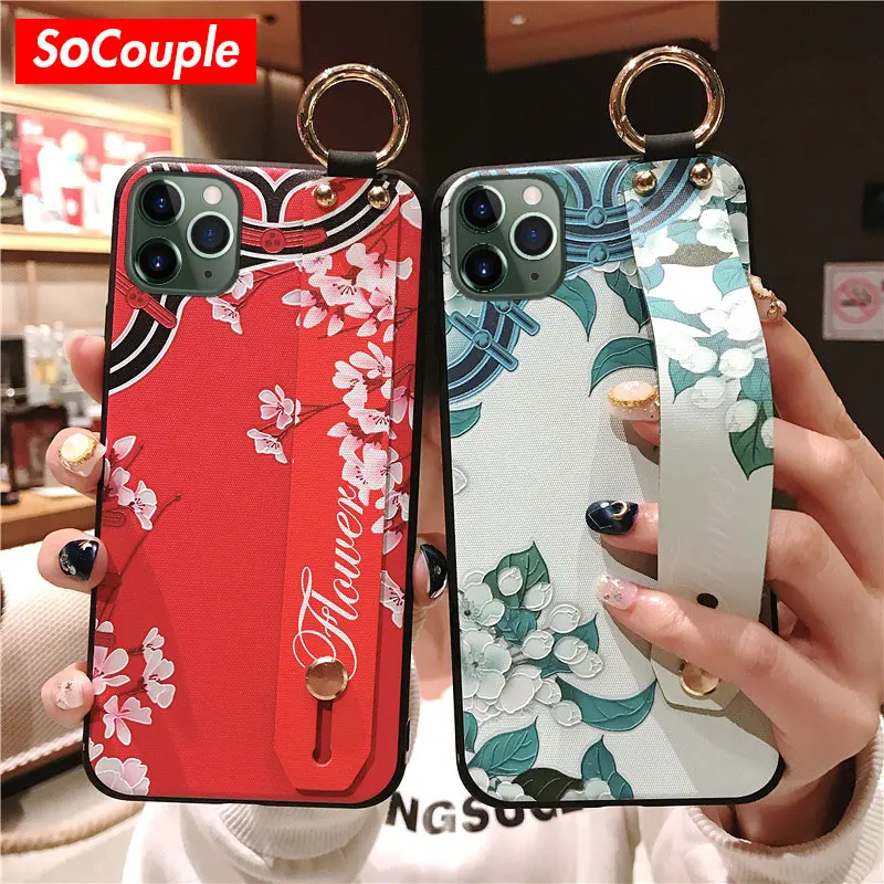 

SoCouple Phone Holder Case for iPhone 7 8 6 6s plus 11 Pro Max for iPhone X XR Xs max case Flower Soft TPU Wrist Strap Case Cove