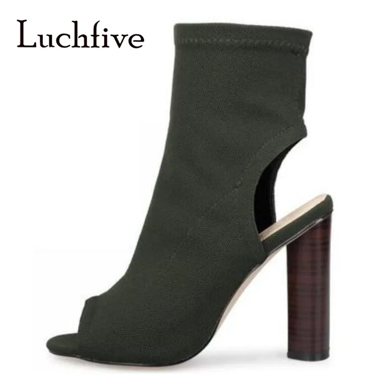 

Army Green Elastic Sock Boots Ankle Long Autumn Open Toe Slingback High Heels Slim Fit Dress Shoes Women Celebrity Boots