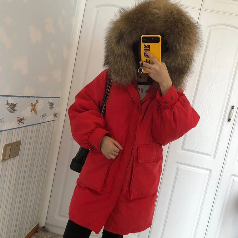 Зимний женский пуховик средней длины с капюшоном и меховым воротником, приталенное пальто rong fu