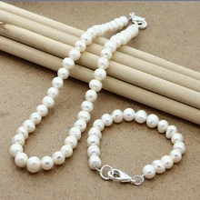 Высококачественные 925 Серебряные натуральные пресноводные жемчужные свадебные украшения набор ожерелье браслет наборы для женщин Свадебные модные ювелирные изделия