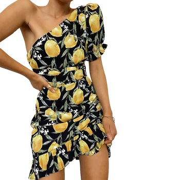 

Hot lemon printed lotus leaf fringed sexy sloping shoulder dress