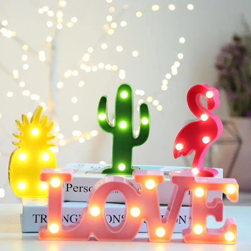 Романтический 3D Любовь светодиодный буквенный знак ночник шатер настольная лампа ананас/Фламинго/Моделирование кактусов ночник для свадебного декора