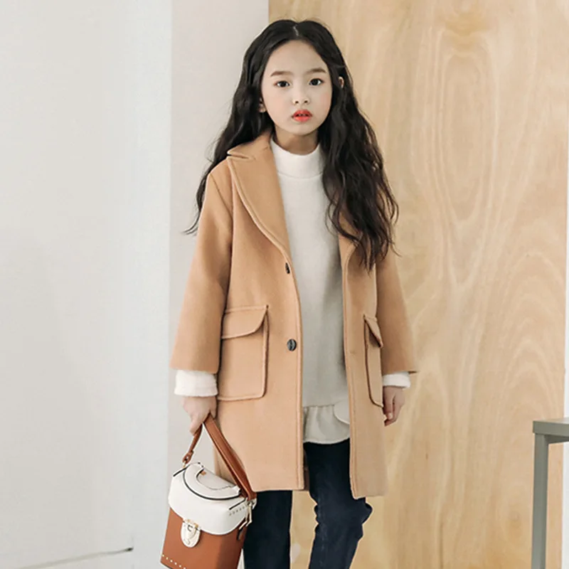 Детская куртка для девочек плотное шерстяное пальто с длинными рукавами однотонное пальто на пуговицах в Корейском стиле детская одежда для девочек от 6 до 10 лет
