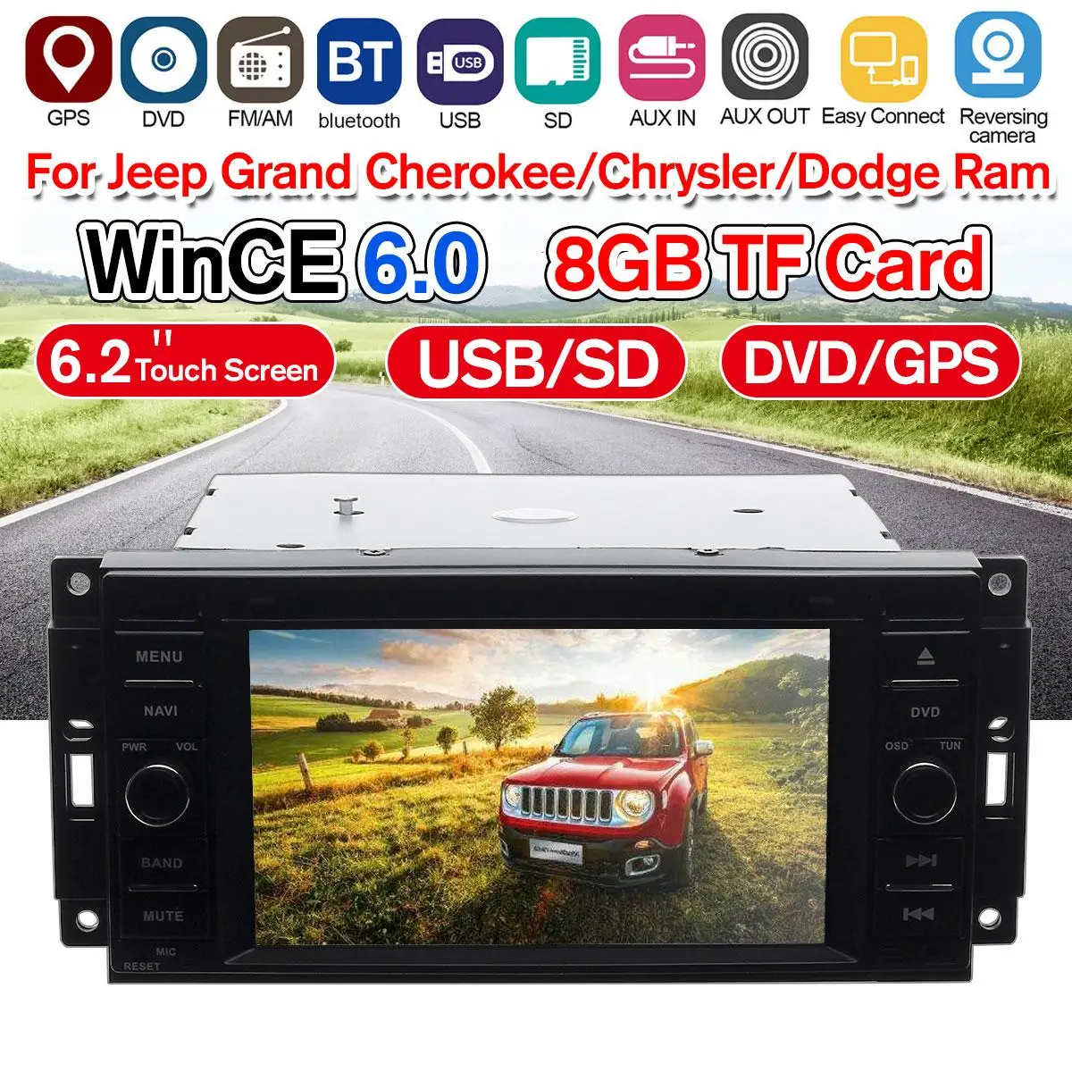 Clearance 6.2" Touch Screen bluetooth wince 6.0 Car DVD Player GPS Stereo Radio with 8GB TF Card For Jeep Grand Cherokee/Chrysler/Dodge 1