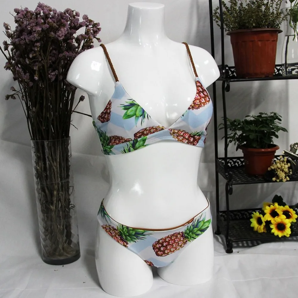

2PCS Pineapple Printing Women Swimwear Sexy Lady Split Swimsuit Bandage Bikini Set Braided Strap Beach Swimsuit