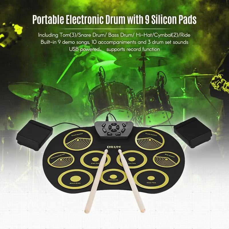 Портативная электронная барабанная установка, барабанный набор, 9 силиконовых подушечек, питание от USB, с педалями для ног, барабанные палочки, кабель USB