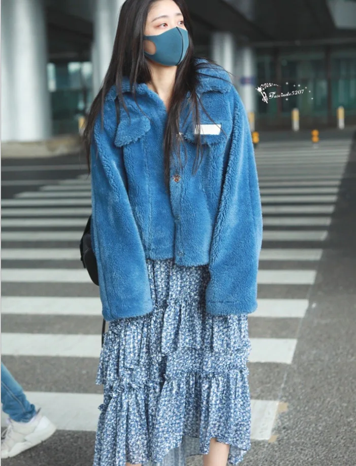 

2019 Winter New Blue Lamb Hair Thickened Loose Short Coat with Cotton Jacket Coat