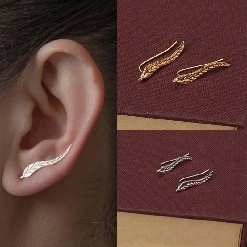 Metal Leaf Earrings Ear Clip New Fashion Gold Silver Feather Simple for Women Girl Statement Charm Jewelry Wholesale | Украшения и