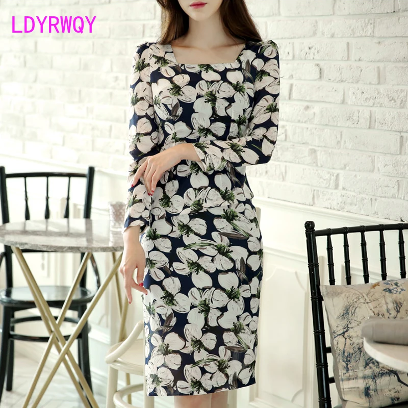 

2019 new Korean version of the OL temperament square collar long-sleeved Slim fashion print dress