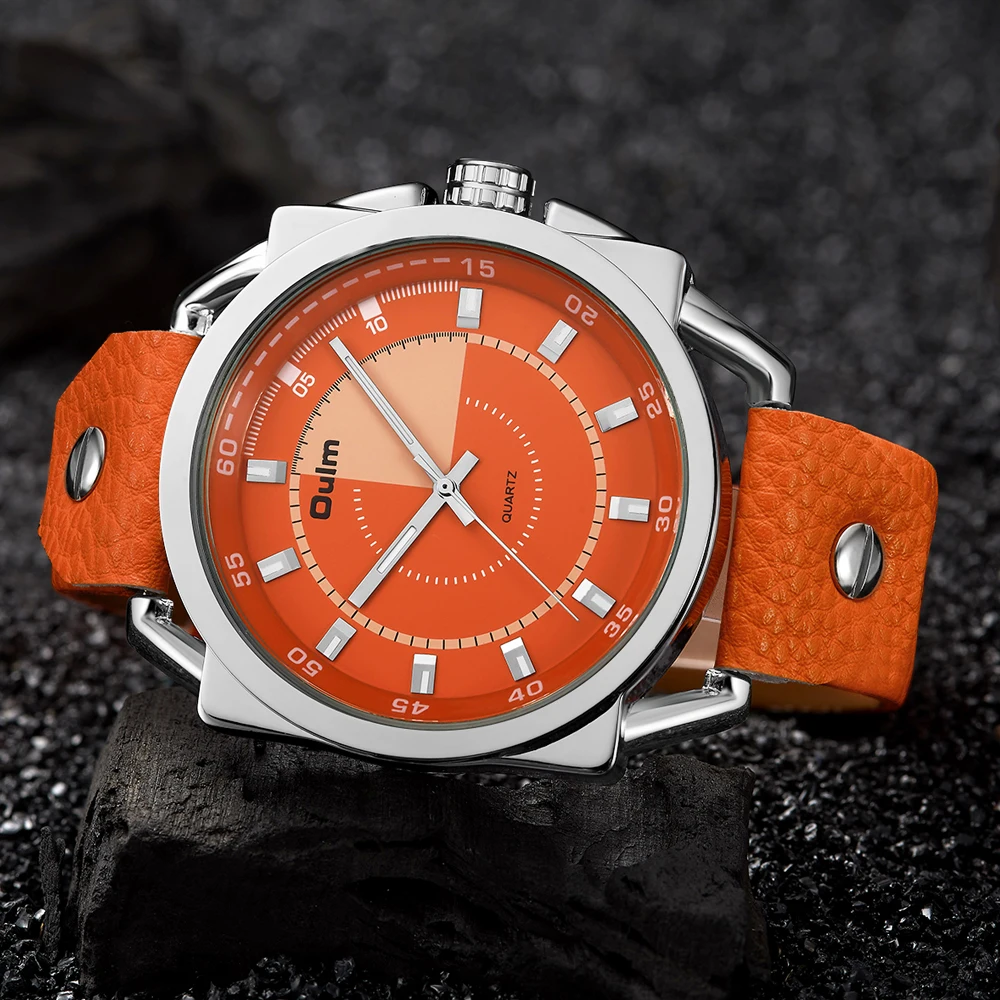 Top Luxury Brand Oulm Watches Orange Color Fashion Sports Watches Men Men's Quartz Watches Leather Mens Watches erkek kol saati drop shipping (4)