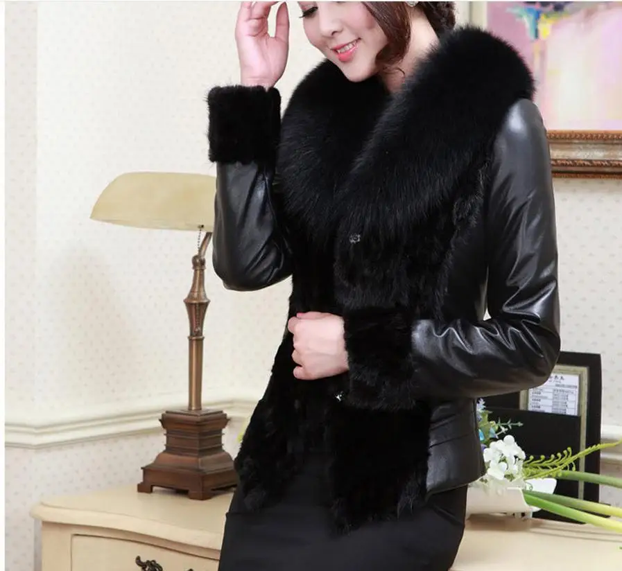 Женские куртки из искусственного лисьего меха, короткие приталенные куртки размера плюс, черные женские Лоскутные пальто из искусственной кожи, женская меховая верхняя одежда K310