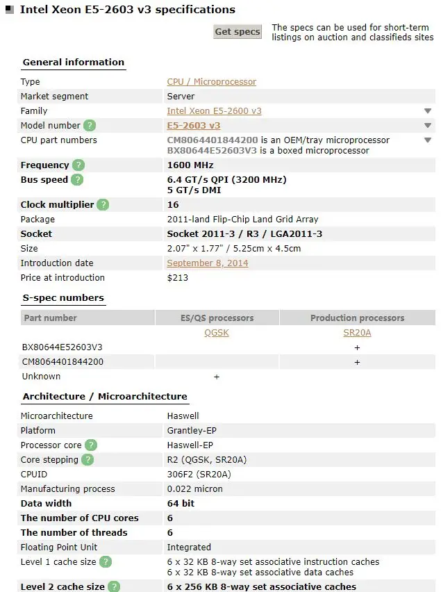 Intel Ксеон для X99 процессор E5 V3 E5-2603V3 Процессор E5 2603 V3 1,60 ГГц LGA2011-3 15 Мб 6-ядерный SR20A
