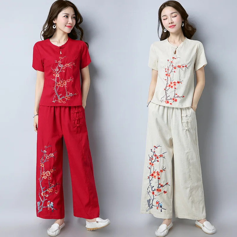 

2019 New Style Ethnic-Style Cotton Linen Embroidered Short-sleeved Top Women's + Embroidered Frog Cotton Linen Loose Pants Set