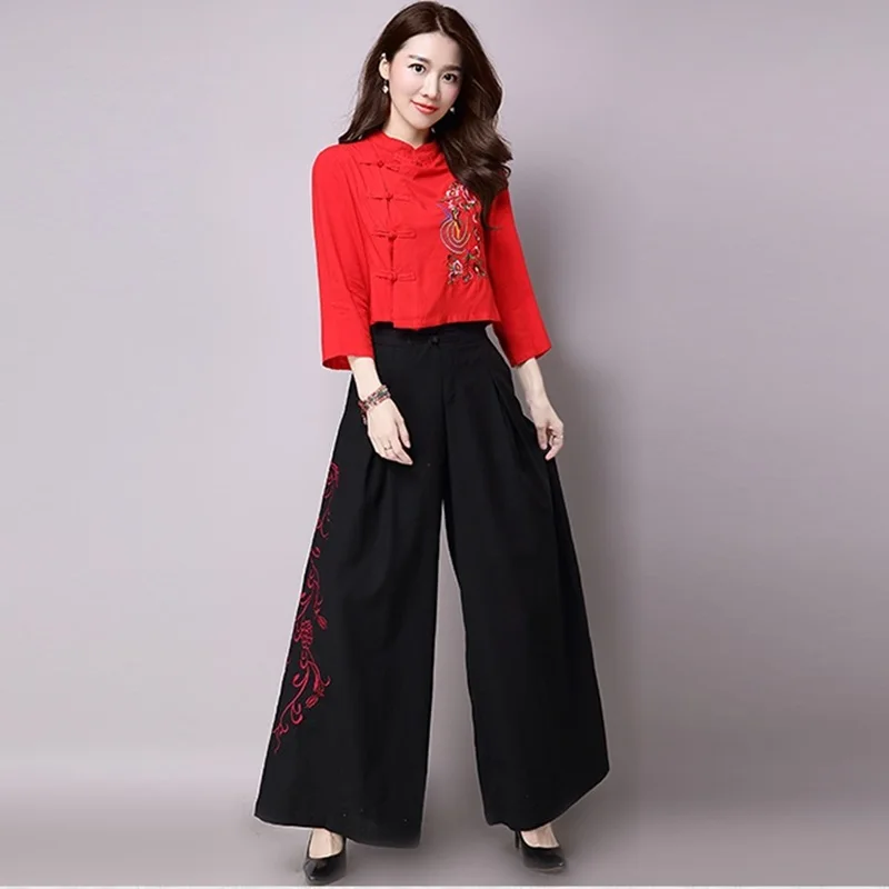 Yoga Pants Women Loose Wide Leg Chinese Style Breathable Chinese Trousers Hanfu Tai Chi Pants 12018