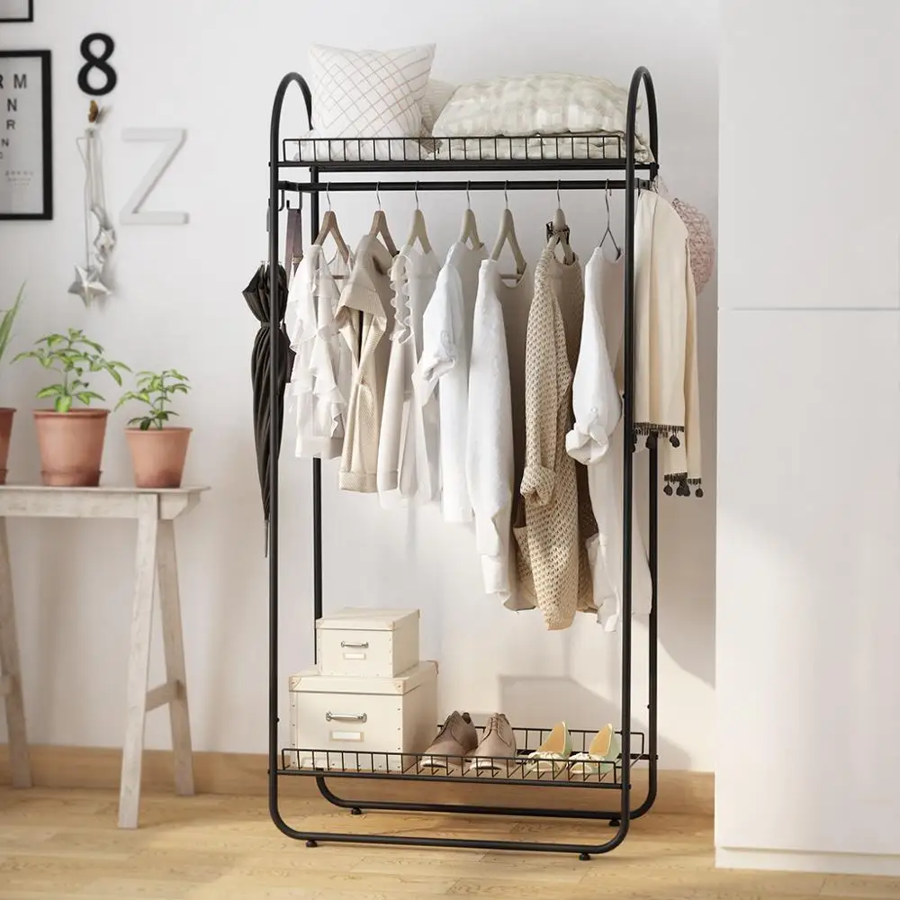 

LANGRIA Simple All-Metal Free Standing Commercial Grade Clothing Garment Rack with Top Rod and Lower Storage Shelf for Shoes
