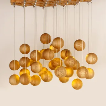 

Restaurant Chandelier Personality Hotel Living Room Lighting Log Wood Creative Ball LED Simple in The Nordic Art LED Bulbs Iron