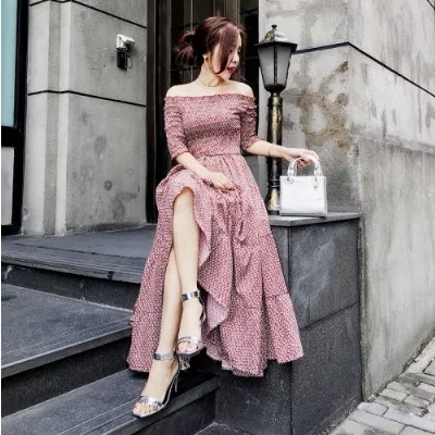 

2019 New Style Skirt Elegant Debutante Slim Fit Waist Hugging Horizontal Neck off-Shoulder High-waisted Floral Dress Long Skirts