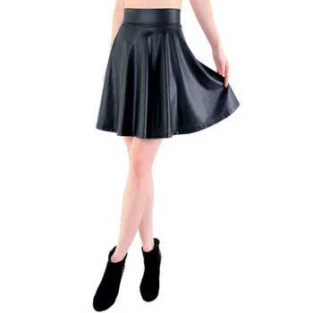 

free shipping new high waist faux leather skater flare skirt casual mini skirt knee length solid color black skirt S/M/L/XL
