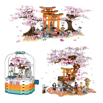 

City Pink Cherry Blossom Flower Tree Japanese Street View Building Blocks Cartoon Creative Assemble Toys Children Girls Gifts