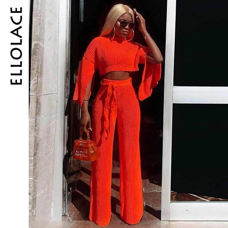 

Ellolace Fashion Sweater Two Piece Set Knitted Long Sleeve Crop Tops And Pants Suit Winter Sexy 2 Piece Set Women 2019 Outfits