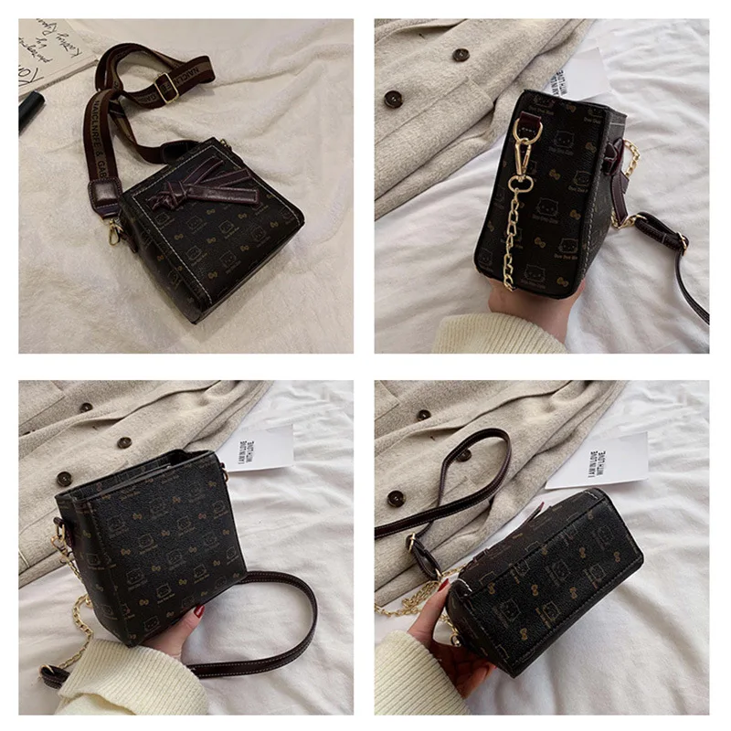 

2019 Winter New Style WOMEN'S Bag Korean Shoulder Exposure Square Sling Bag Kitty Cat Printed Car Suture Shoulder Bucket Bag