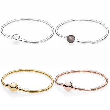 

New 925 Sterling Silver Bracelet Moments Smooth Ball Clasp Snake Chain Bracelet Bangle Fit Women Bead Charm Diy Fine Jewelry