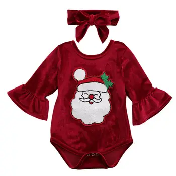 

2019 Baby Christmas Clothing Newborn Baby Girls Flare Long Sleeve Ruffle Jumpsuit Bodysuit Outfits Santa Claus Plush Clothes