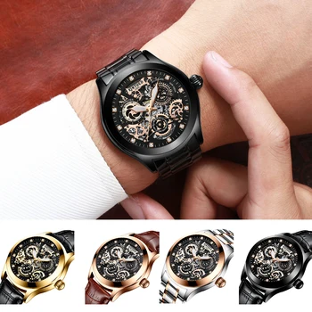 

Classic Automatic Mechanical Watch Business Wristwatch with Genuine Leather/Stainless Steel Strap Watch, 44mm Dial