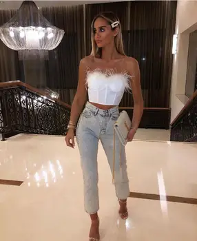 

Ins Style Hot sale Fashion tops Strapless Feathers Backless sexy women celebrity body con Night Club wholesale