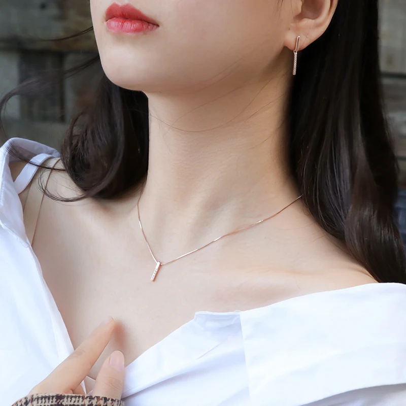 925 Sterling Silver Zircon Rhinestone Strip Shape Pendant Necklaces For Women