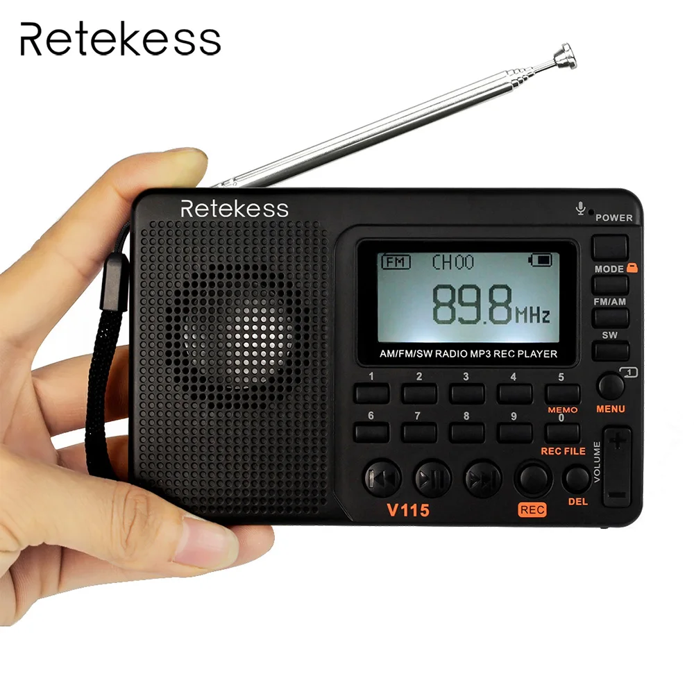 Радиоприемник Retekess V115 fm радио AM SW mp3 плеер с таймером сна черный рекордер F9205A|band