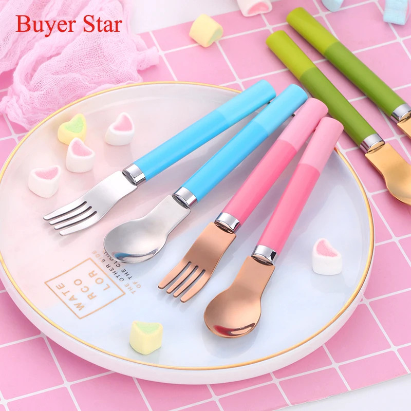 

2PCS Children Fork Spoon Set Stainless Steel Food Safe Colorful Tableware Kids Food Aceesories Child Portable Metal Cutlery Set