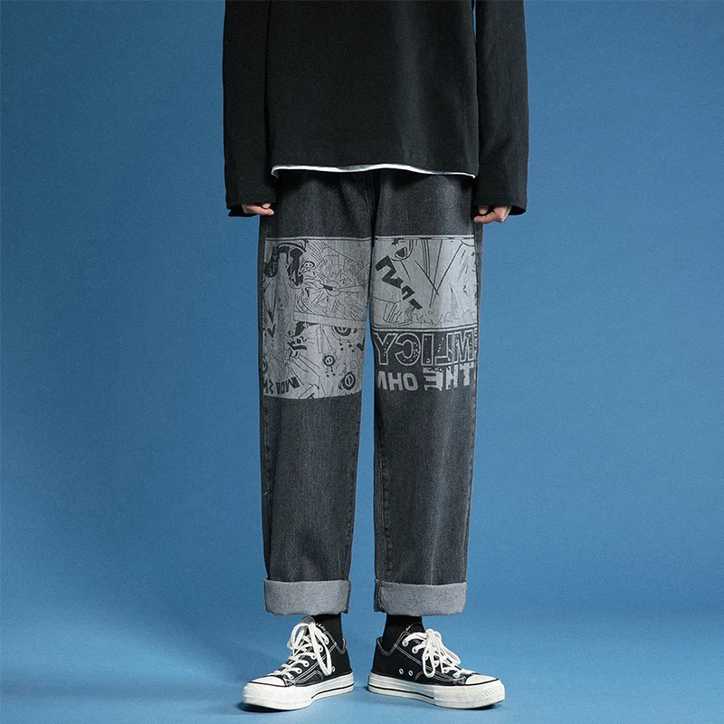 2020 new ins jeans men's trend handsome versatile straight loose wide leg pants waist pants streetwear cheap clothes china