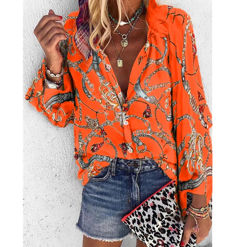 2020 New Design Plus Size Women Blouse V-neck Long Sleeve Chains Print Loose casual Shirts Womens Tops And Blouses