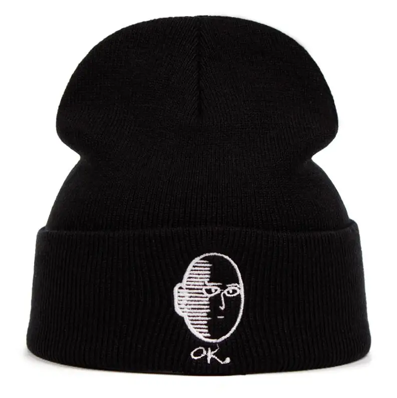 One Punch Man Beanie аниме-шляпа, шапка в стиле хип-хоп, вязаная зимняя теплая шапка с рисунком, регулируемая крутая шапка с вышивкой, подарок для косплея - Цвет: Черный