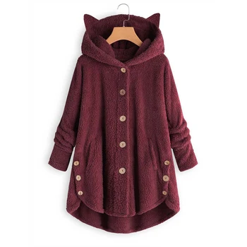 

Women Fluffy Coat Loose Hoodies Sweatshirt Solid Color Button Fleece Jackets Winter Cat Ear Plus Size Tracksuit Coat
