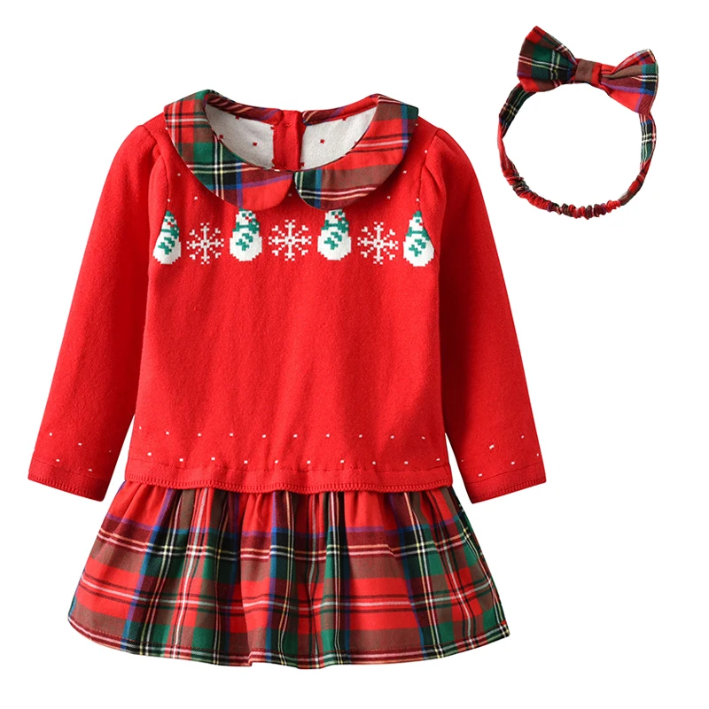 AURO Mesa/рождественское зимнее трикотажное платье с длинными рукавами и воротником «Питер Пэн» с лентой для волос - Цвет: Красный